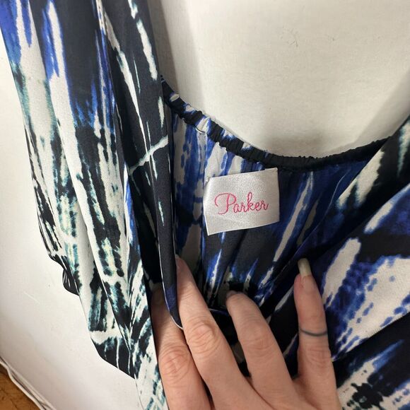 Parker Blue White Black Wales Tie Dye 100% Silk Wrap Halter Top Button VNeck L - Picture 5 of 12